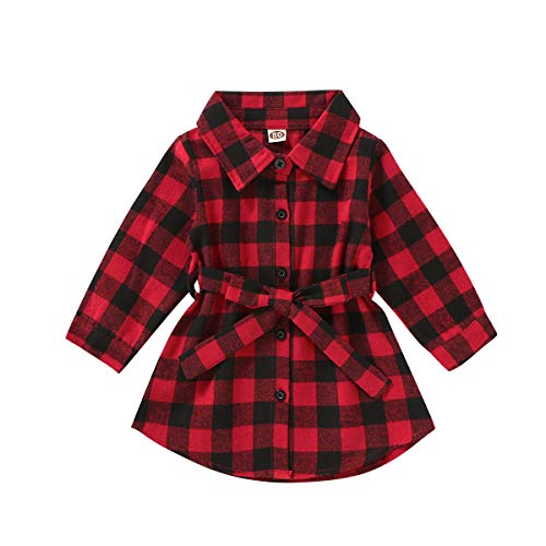 Kayotuas Toddler Kids Baby Girl Plaid Dress Long Sleeve Belted Botton Down Shirts Dresses Infant Fall Outfits2