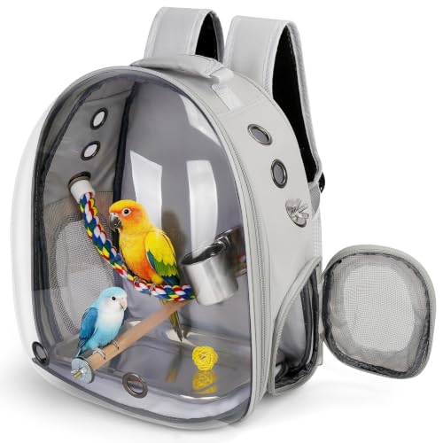 Image of Bird Travel Carrier, Bird Backpack Cage with Rope & Wood Perches Tray Food Bowl, Portable Clear Bubble Window Breathable Mesh Bag for Small Medium Parrots Cockatiel Parakeet Budgies Conures Lovebirds