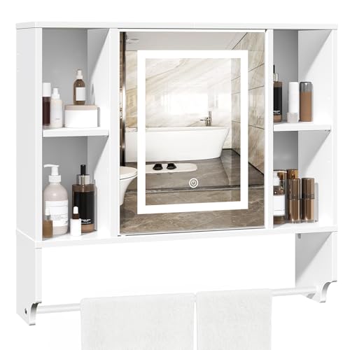 MAHANCRIS Bathroom Wall Cabinet with Mirror, Wall Mounted Medicine Cabinet with Color Adjustment LED Lights, Mirrored Over The Toilet Storage Cabinet with Adjustable Shelves, 23.6''W x 21.6''H, White