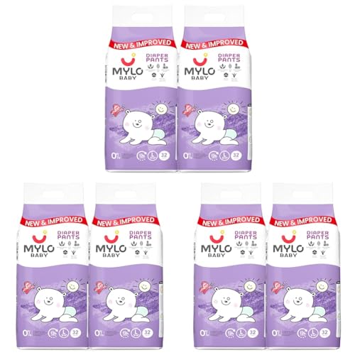 Image of Mylo Baby Diaper Pants Large (L) Size 9-14 kgs (64 count) Leak Proof | Lightweight | Rash Free | Upto 12 Hours Protection | ADL Technology | with Aloe Vera Lotion (32 Count, Pack of 6)