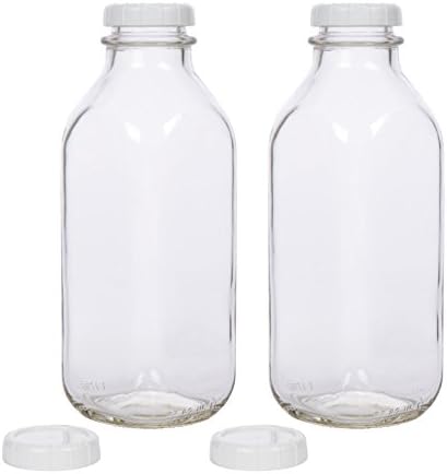 Radiant Day Co. Glass Milk Bottle with Extra Lids - Set of 2 - USA Made 33.8 Oz Jug - Thick Durable Milk Bottle Larger than 1 Quart