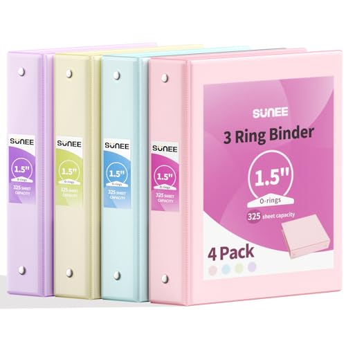 SUNEE 1.5 Inch Binders 3 Ring 4 Pack, Clear View 1 1/2 Inch Binders Three Ring PVC-Free (Fit 8.5x11 Inches) for School or Office Supplies, Assorted Pastel