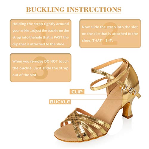 Icker Women's Professional Latin Dance Shoes Satin Salsa Ballroom Wedding Dancing Shoes 2.4'' Heel 8 Gold #TOP5