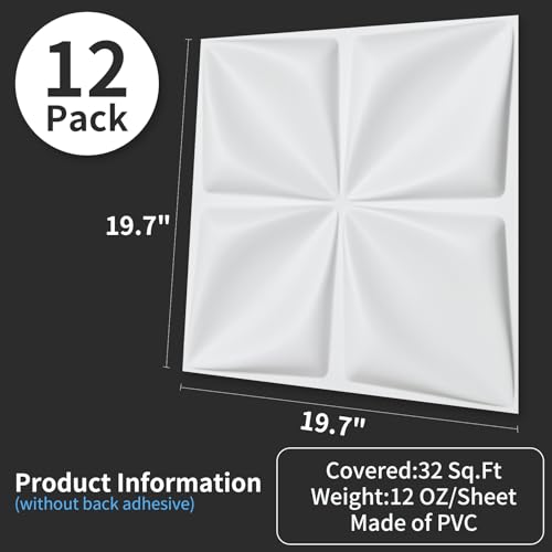 Image of Art3d 19.7 inch x 19.7 inch (Pack of 12) 3D Wall Panels Lucky Leaves PVC Wall Panel for Inter Decoration, Living Room, TV Background, Office, White