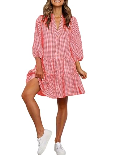 Image of utcoco Women's 2026 Spring Summer Plaid Shirt Dress 3 /4 Puff Sleeve Button Down Loose Casual Midi Dress with Pockets