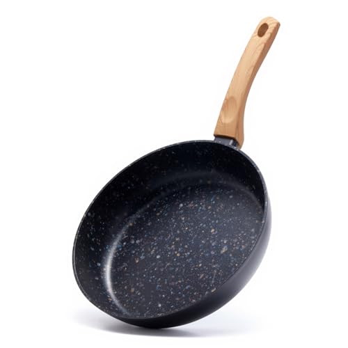 Lightweight Nonstick Fry Pan with Wood Handle - Ceramic Aluminum Skillet for All Stovetops, PTFE PFOA Free (Black, 28cm)