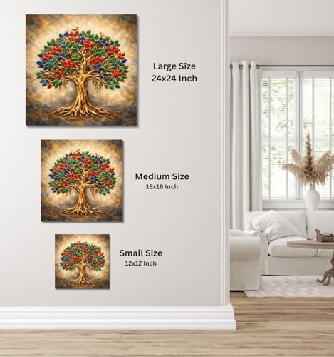 Image of Kunj Cart Kalpavriksha Tree Painting | 8+ DESIGNS | Kalpvriksh Tree Wall Painting | Lucky Tree Wall Art For Living Room, Bedroom and Office Decor | Canvas Painting for Wall Decoration (Design - B, 12x12 Inch, Framed)
