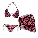 Daulesho Red Lip Kiss Ladies Bikini Swimwear Sexy Love Heart Kiss Lips Bathing Suits for Women Breathable Tie Side Swimsuit with Beach Skirt Cover Up-M