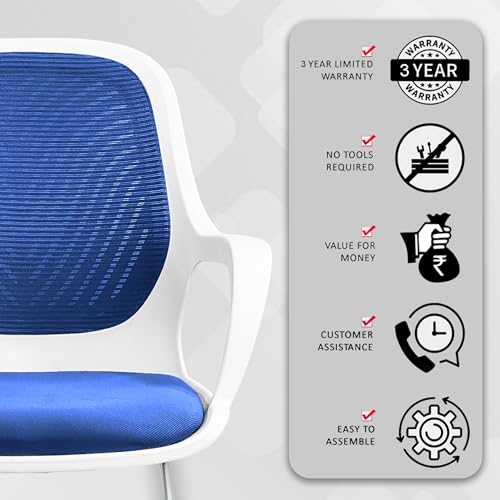 Image of ROSE Zaria | 3 Years Brand Warranty | Ergonomic mesh mid-Back Office Chair, Perfect for Study, Work from Home, revolving, Rolling Computer Desk Chair (White & Blue, Visitor)