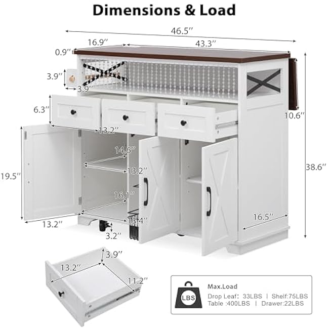 Bellemave 46.5 Farmhouse Kitchen Island cart with Charging Station and with Drape of Beads, Rolling Kitchen Island Table with Drop-Leaf, 3 Drawers, White-NSZLjeIC