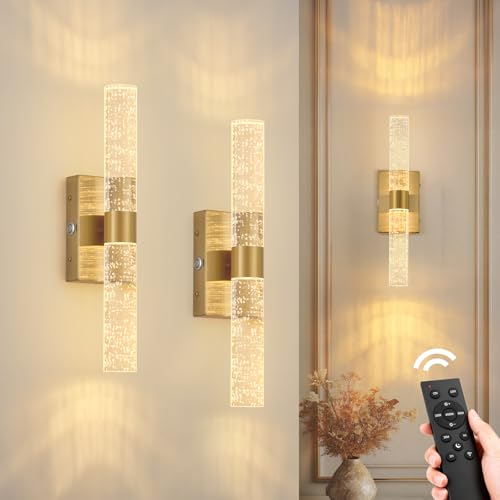 Image of Battery Operated Wall Sconces Set of 2, 20000mAh Rechargeable Wall Light | Remote Control 3000K-6000K Dimmable LED Wireless Sconces,Gold,15.6 Inch