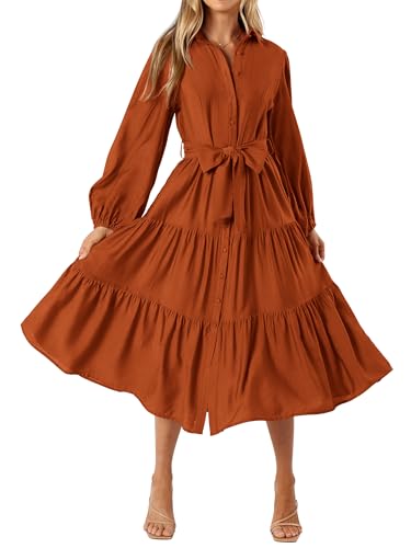 MASCOMODA Womens Dresses Fall Button Long Sleeve Midi Dress(Rust Red,XL)