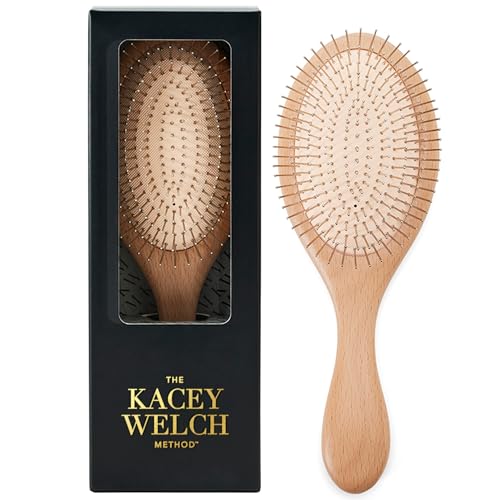 Kacey Welch Hair Brush for Everyone Metal-Tipped Bristles for Gentle Detangling with Scalp-Stimulating Comfort Natural Bamboo Brush for Extensions All Hair Types Wet & Dry Styling