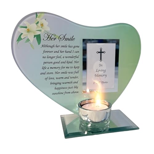 Image of HER SMILE GLASS MEMORIAL CANDLE HOLDER AND PHOTO FRAME | thinking of you gifts | Mum memorial gift | memory gifts for Mother, Mum, Mom, Grandmother, Granny