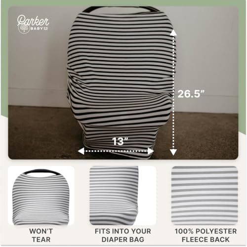 Image of Parker Baby 4 in 1 Car Seat Cover for Girls and Boys - Stretchy Carseat Canopy, Nursing Cover, Grocery Cart Cover, High Chair Cover - Gray /White Stripes