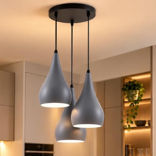 Image of LEDSone 3 Head Grey Tear Drop Ceiling Pendant Light Metal E27 Fixture