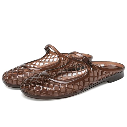 Clear Jelly Slide Sandals for Women Slip On Closed Round Toe Mesh Hollow Flat Mary Jane Mules Beach Jellies Comfortable Buckle Strap Slippers Shoes