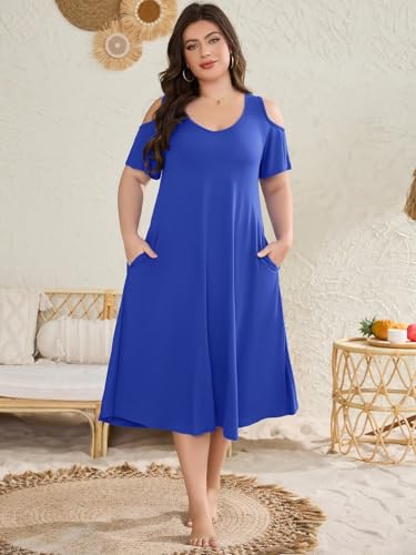 Image of LARACE Plus Size Women Dress for Summer, Midi Women's Sundress, Casual V-Neck Short Sleeve Flowy T-Shirt Dresses with Pockets