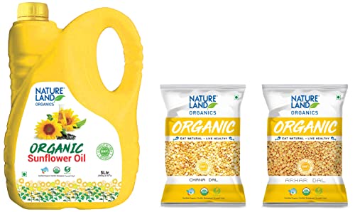 Image of Natureland Organics Sunflower Oil Jar, 5 L & Arhar /Toor Dal Pouch, 1 kg & Chana Dal Pouch, 1 kg