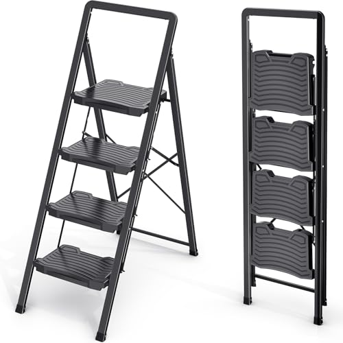KINGRACK 4 Step Ladder, Folding Step Stool with Wide Anti-Slip Pedal and Handrails, Portable Lightwight Household Ladder, 800LBS Sturdy Steel Ladder, for Your Kitchen, Pantry, Closets, Office Use