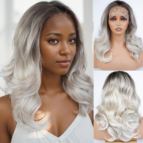 MISS FANCY 13×6 Lace Front Wigs 18 Inch Ombre Grey Short Bob Body Wave Wigs for Women Girls Heat Resistant Synthetic Glueless Wig With Baby Hair Pre Plucked Natural Hair Replacement Wigs Daily Use
