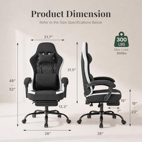 Image of Computer Gaming Chair - High Back Ergonomic Desk Chair with Footrest and Lumbar Support, Height Adjustable Task Chair with Linkage Armrests and Headrest, 360 Swivel Wheels, Black