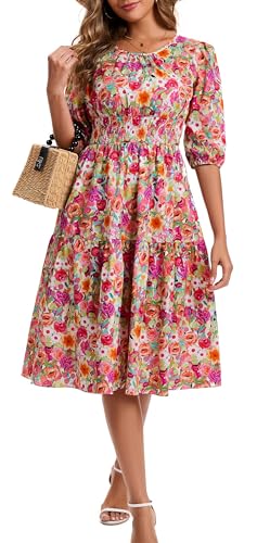 Image of Kormei Women Casual Boho Floral Round Neck 3 /4 Sleeve Smocked Waist Tiered A Line Flowy Swing Midi Dress Long Dresses