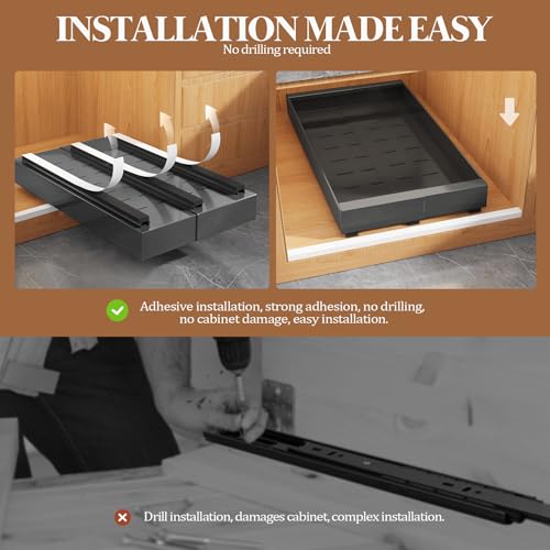 4 Pack Expandable Pull Out Cabinet Organizer 21" Deep With Raising Pad for Framed Cabinets,Upgrade 3 Slide Rails Slide Out Drawers,No Drill Roll Out Shelves,Adjustable Width 9"-14" Black