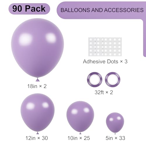 Image of Voircoloria 90pack Lilac Balloons Different Size 18 /12 /10 /5 Inch Lilac Balloon Garland Arch Kit for Graduation, Wedding, Birthday, Princess Theme Party, Baby Shower, Anniversary Party Decorations