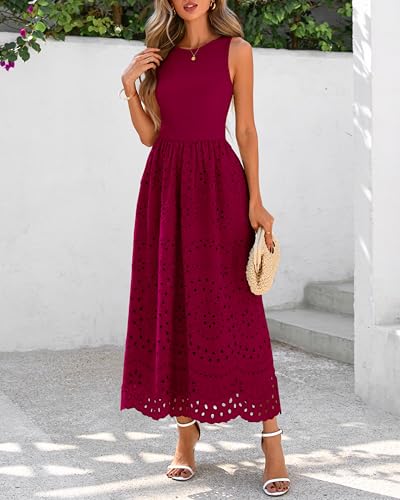 Image of dowerme Women Summer Dresses 2026 Casual Sleeveless Crewneck A-Line Boho Lace Eyelet Cotton Tank Maxi Dress with Pockets
