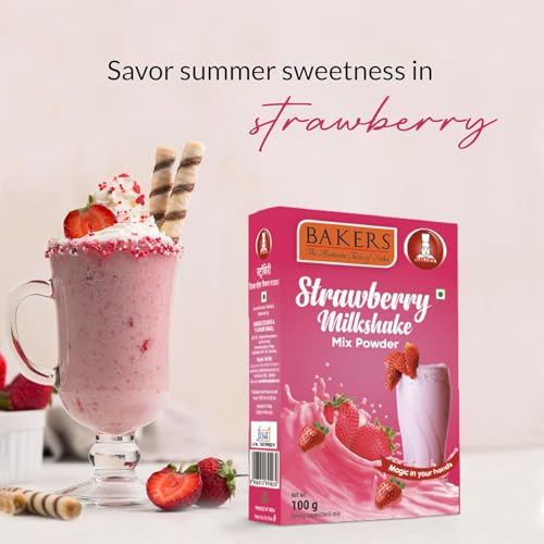 Image of BAKERS Milk Shake Mix Powder - Strawberry Flavor Pack of 4, Each 100g (400 Gram) | Instant Thick & Creamy Shake Mix | Rich & Delicious Dessert Drink | Ready to Mix with Milk | No Preservatives |Ready in 30 Sec