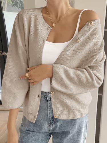 Cicy Bell Womens 3/4 Puff Sleeve Cardigan Sweater Fall Trendy Casual Button Up Loose Fit Cropped Knit Sweaters2