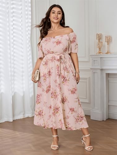 Image of SCOMCHIC Womens Plus Size Formal Dresses Off The Shoulder Wedding Guest Cocktail A-Line Split Maxi Dress with Pockets