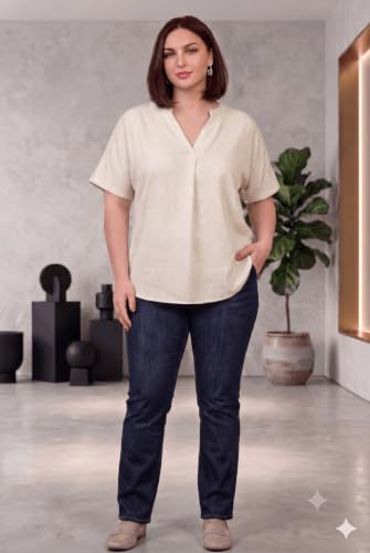 Image of SINDOORI Relaxed Fit Tops for Women Plus Size Solid Printed Mandarin Collar, Band Collar, V-Neck Top, Half Sleeve Loose Fit