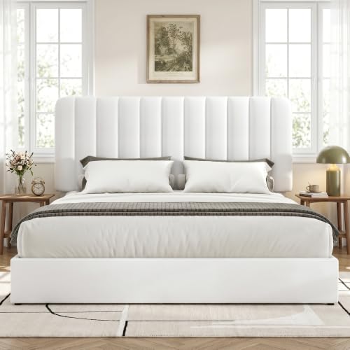 Image of VECELO Full Size Upholstered Bed Frame with 4 Drawers and Headboard, Velvet Platform Storage Bedframe, Wooden Slats Support, No Box Spring Needed,White