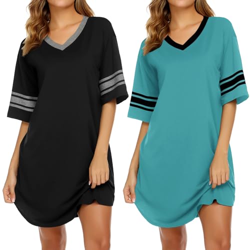 Image of Ekouaer Nightgowns for Women 2 Pack Sleepshirts Short Sleeve Nightshirt V Neck Sleepwear Casual Pajama Dress