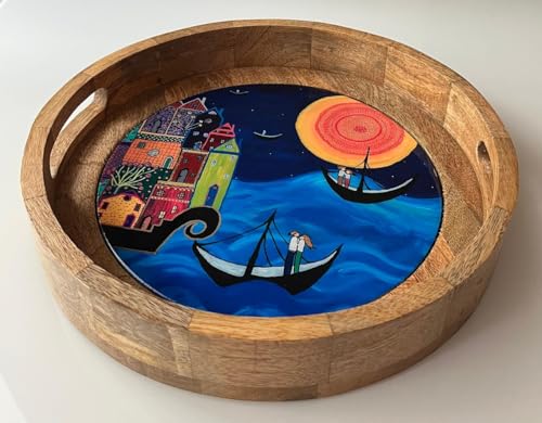 Image of Wooden Designer Round Serving Tray - 12 Inch | Premium Mango Wood Decorative | Eco-Friendly Non-Toxic Multipurpose Serving Tray for Tea, Coffee, Snacks, Home, Kitchen & Gifting(Blue FC)