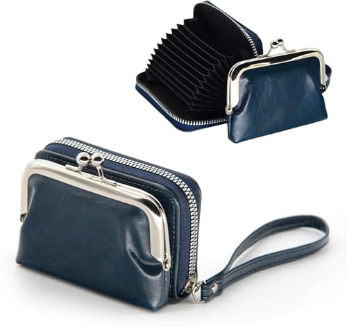 Genuine Leather 2-in-1 Wallet for Women with Zipper & Kiss Lock Small Card Purse Blue (Blue)