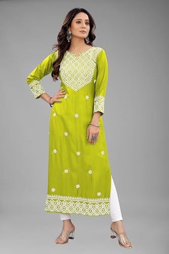 Image of Women's Rayon Embroidered Straight Kurti Under 499 Designer Attractive Look Women's Kurta