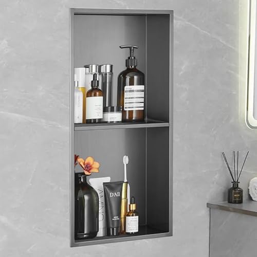Mensola da bagno in acciaio inox senza piastrelle, con divisori, 70 x 28 x 12,5 cm, soluzione moderna per doccia e vasca da bagno.