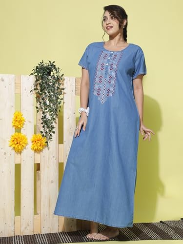 Image of 9shines Label Stylish Denim Cotton Nighty Maxi for Women | Full Length Trendy Nightgown | Premium Nightdress | Nightwear | Embroidery Nighty with Pocket (9SDS)