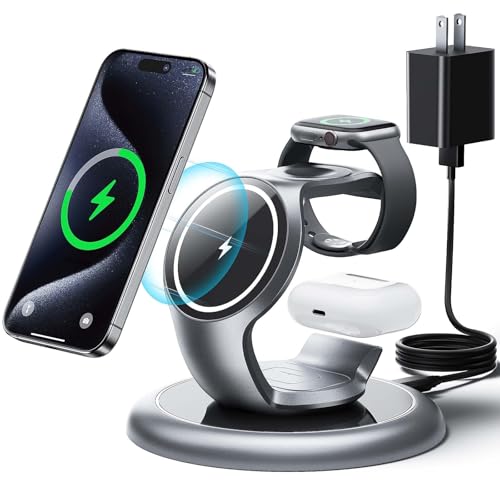 EXW 3 in 1 Mag-Safe Ladestation Kompatibel mit iPhone 16/15/14/13/12 Serie,Apple Watch 8/7/6/5/4/3/2/SE und AirPods 3/2/Pro((Mit 18W Stecker) (Schwarz)