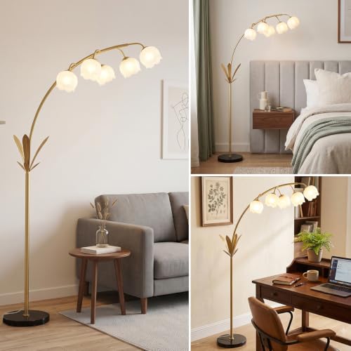 Image of HMVPL Gold Floor Lamp for Living Room, Flower Floor Lamp with 5 G9 LED Bulbs, Foot Switch, Arc Tall Lamp with Acrylic Shade, Marble Base, Mid Century Standing Lamp for Living Room Corner Bedroom Home