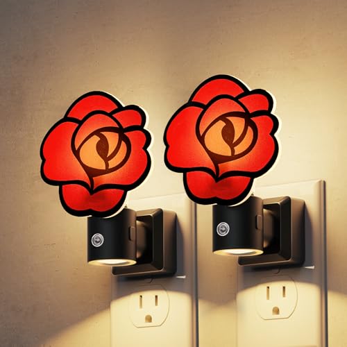 Image of L LOHAS LED Red Rose Night Lights Plug into Wall, Gothic Rose LED Night Light with Dusk‑to‑Dawn Sensor, Adjustable Brightness, 350 Rotatable Plug in Nightlight for Bedroom Hallway Bathroom (2 Pack)