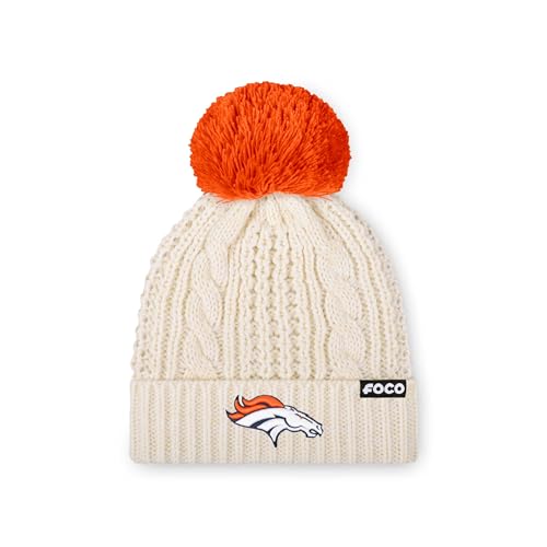 FOCO Denver Broncos NFL Womens Primary Logo Cable Knit Pom Beanie - White