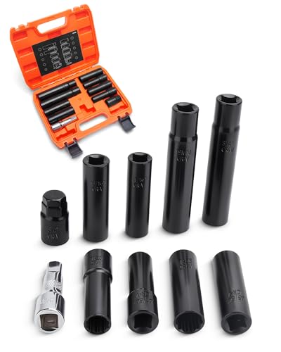 Image of 10-Piece Spline Lug Nut Socket Set, 1 /2 inch Drive for Spike Lug Nuts | Fits Aftermarket Lug Nuts with 5, 6, 7, 10, or 12 Splines; Includes 9 CR-V Steel Keys and a 3-Inch Extension