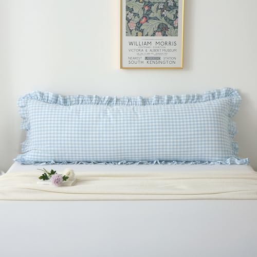 K MASANIJI Light Blue White Plaid Ruffle Gingham Bedding Body Pillow Cover, 100% Cotton Checkered Vintage Farmhouse Decorative Bed Pillow Sham...