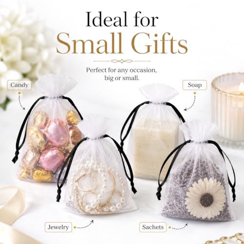 Image of Hopttreely White Organza Bags with Black Drawstring, 4x6 Inch Premium Mesh Drawstring Gift Bags for Party Favors, Jewelry, Weddings, Small Business, Baby Shower, Graduation, Candy & Goodie Bags
