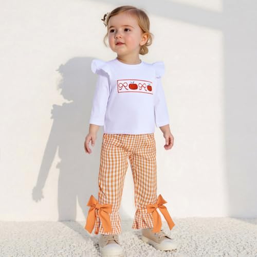 Toddler Baby Girl Halloween Outfit Bow Pumpkin T Shirt Plaid Bell Bottoms Set Girls Top Flare Pants Fall Clothes2