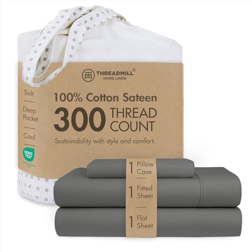 Image of Threadmill 300 Thread Count Cotton Twin Sheet Set, Sateen, Solid, Dark Grey